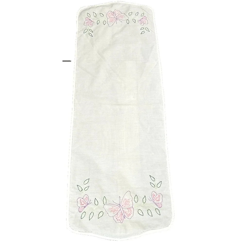 Vintage Hand Embroidery Butterfly Table Runner Dresser Scarf 42